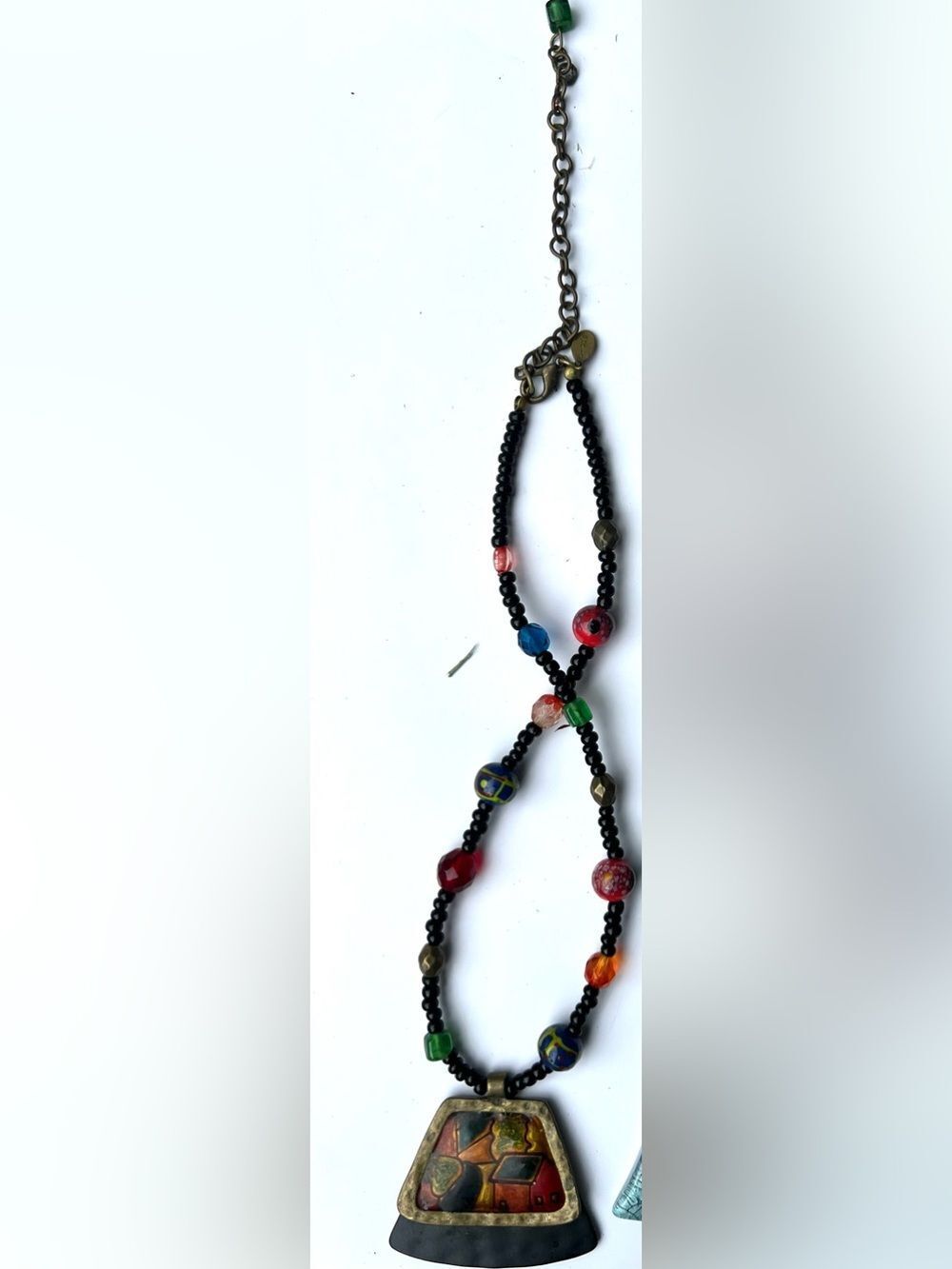 Chico's Black Beaded Necklace with Multicolor Accent Beads and Geometric Pendant